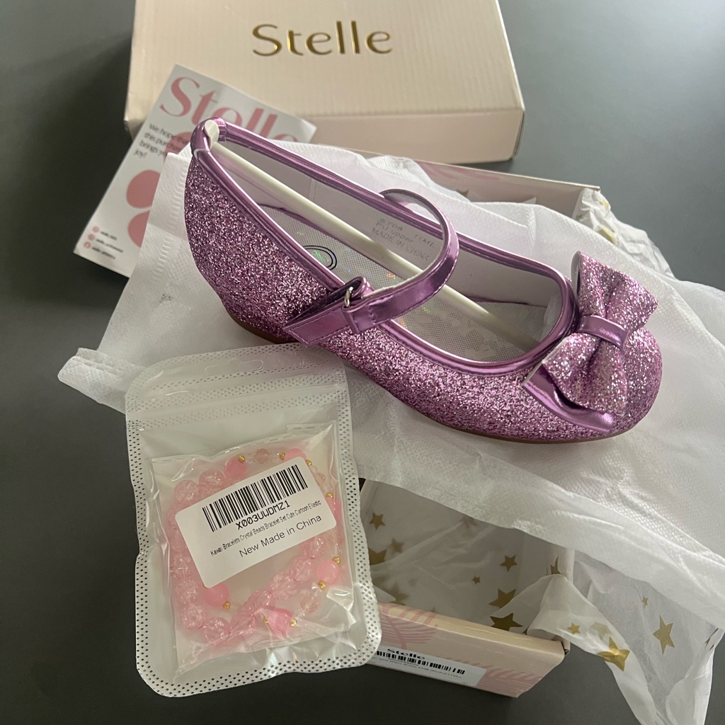 Stelle Girls Dress Shoes Princess Glitter Mary Jane Low Heel W/Bracelet